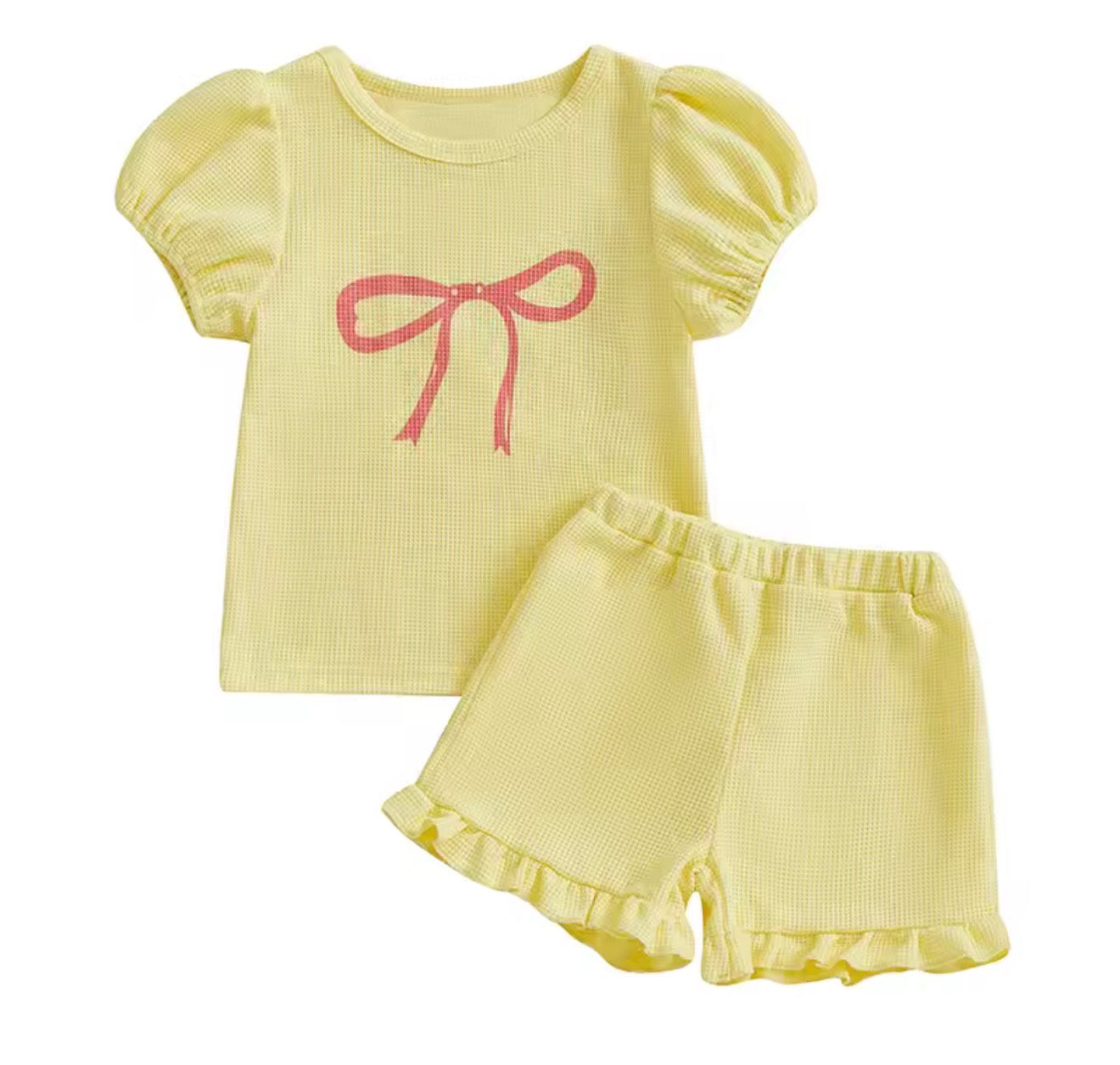 Yellow Puff Sleeve With Bow And Ruffle Short Set